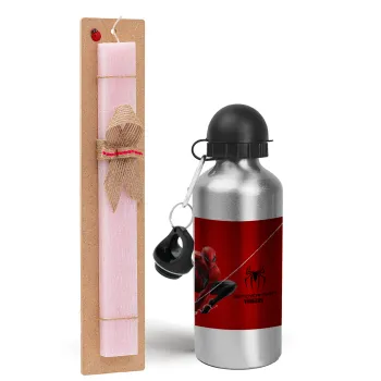 Spiderman, Easter Set, metallic Silver aluminum water bottle (500ml) & scented flat Easter candle (30cm) (PINK)