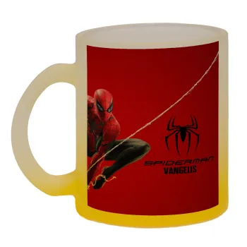 Spiderman, Κούπα γυάλινη δίχρωμη με βάση το κίτρινο ματ, 330ml