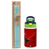 Easter Set, Children's thermal stainless steel bottle with safety straw, green/blue (350ml) & aromatic flat Easter candle (30cm) (TURQUOISE)