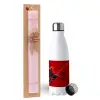 Easter Set, metallic stainless steel water bottle (750ml) & scented flat Easter candle (30cm) (PINK)