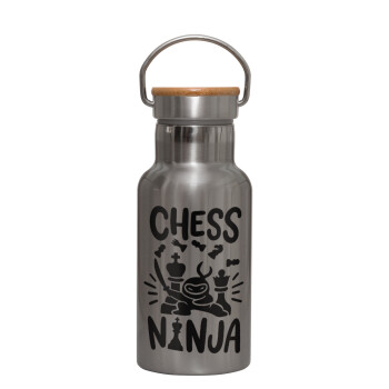 Chess ninja, Μεταλλικό παγούρι θερμός (Stainless steel) Ασημένιο με ξύλινο καπακι (bamboo), διπλού τοιχώματος, 350ml