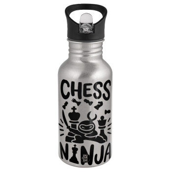 Chess ninja, Παγούρι νερού Ασημένιο με καλαμάκι, ανοξείδωτο ατσάλι 500ml