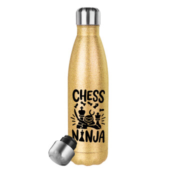 Chess ninja, Μεταλλικό παγούρι θερμός Glitter χρυσό (Stainless steel), διπλού τοιχώματος, 500ml