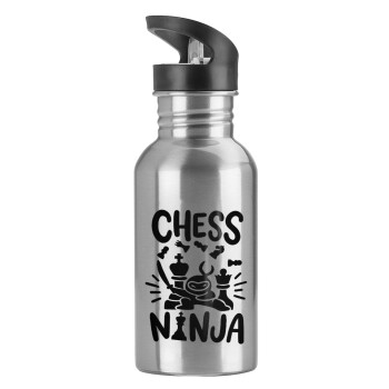 Chess ninja, Water bottle Silver with straw, stainless steel 600ml