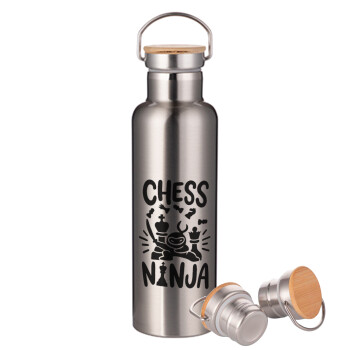 Chess ninja, Μεταλλικό παγούρι θερμός (Stainless steel) Ασημένιο με ξύλινο καπακι (bamboo), διπλού τοιχώματος, 750ml