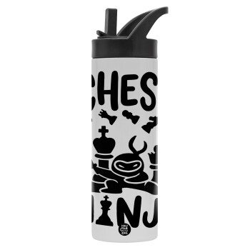 Chess ninja, Metallic thermos bottle with straw & handle, stainless steel (Stainless steel 304), double-walled, 600ml.