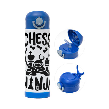 Chess ninja, Children's hot water bottle, stainless steel, with safety straw, BLUE (500ml)