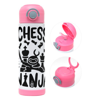 Chess ninja, Children's hot water bottle, stainless steel, with safety straw, PINK (500ml)