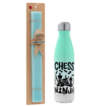 Chess ninja, Easter Set, Metallic green/white thermos (Stainless steel), double-walled, 500ml & scented flat Easter candle (30cm) (TURQUOISE)