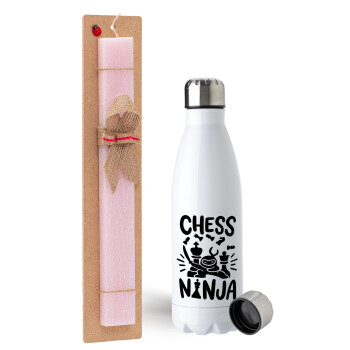Chess ninja, Easter Set, metallic stainless steel water bottle (750ml) & scented flat Easter candle (30cm) (PINK)