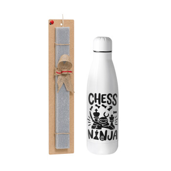Chess ninja, Easter Set, metallic stainless thermos bottle (500ml) & scented flat Easter candle (30cm) (GRAY)