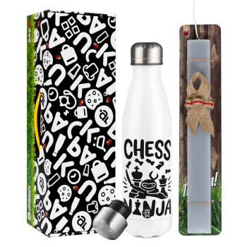 Chess ninja, Easter candle, metallic white thermos bottle (500ml) & aromatic flat candle (30cm) (GRAY)
