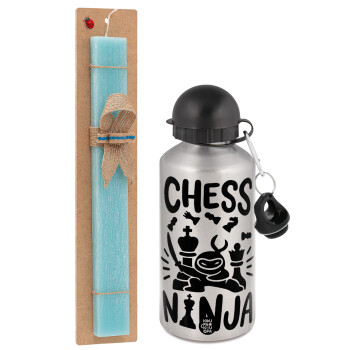 Chess ninja, Πασχαλινό Σετ, παγούρι μεταλλικό Ασημένιο αλουμινίου (500ml) & πασχαλινή λαμπάδα αρωματική πλακέ (30cm) (ΤΙΡΚΟΥΑΖ)