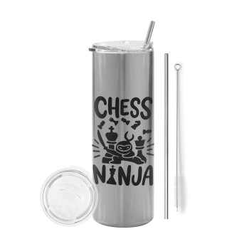 Chess ninja, Eco friendly ποτήρι θερμό Ασημένιο (tumbler) από ανοξείδωτο ατσάλι 600ml, με μεταλλικό καλαμάκι & βούρτσα καθαρισμού