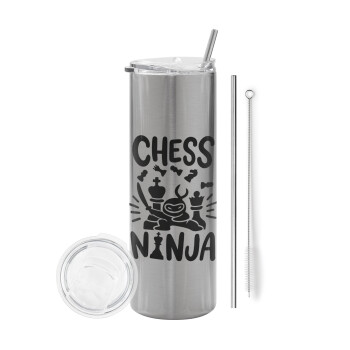 Chess ninja, Tumbler ποτήρι θερμό Ασημένιο από ανοξείδωτο ατσάλι 600ml, με μεταλλικό καλαμάκι & βούρτσα καθαρισμού