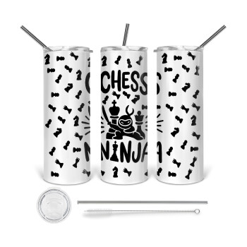 Chess ninja, Tumbler ποτήρι θερμό από ανοξείδωτο ατσάλι 600ml, με μεταλλικό καλαμάκι & βούρτσα καθαρισμού