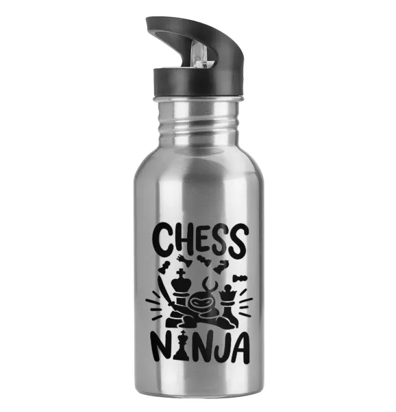 Chess ninja — Water bottle Silver with straw, stainless steel 600ml