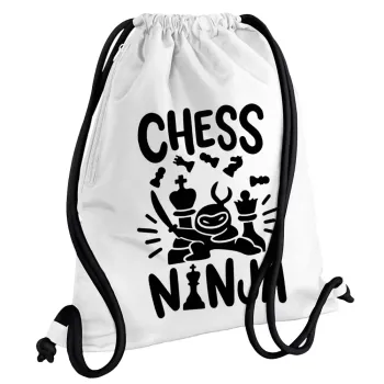 Chess ninja, Backpack pouch GYMBAG white, with pocket (40x48cm) & thick cords