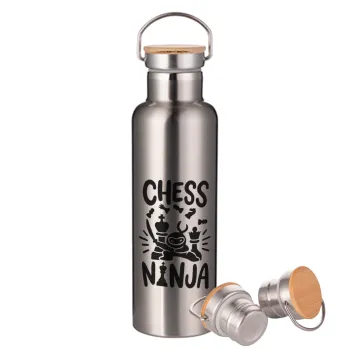 Chess ninja, Μεταλλικό παγούρι θερμός (Stainless steel) Ασημένιο με ξύλινο καπακι (bamboo), διπλού τοιχώματος, 750ml
