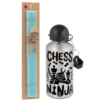 Chess ninja, Easter Set, metallic silver aluminum water bottle (500ml) & scented flat Easter candle (30cm) (TURQUOISE)