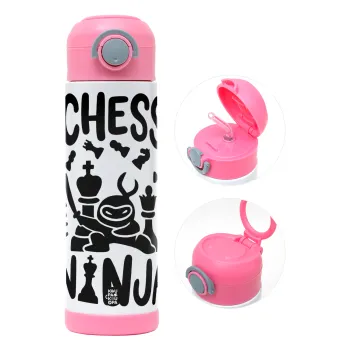 Chess ninja, Children's hot water bottle, stainless steel, with safety straw, PINK (500ml)