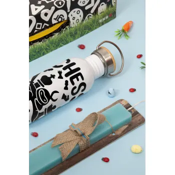 Chess ninja, Easter Set, metallic silver aluminum water bottle (500ml) & scented flat Easter candle (30cm) (TURQUOISE)