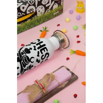Chess ninja, Easter Set, SS Metallic water bottle (620ml, stainless steel) & scented flat Easter candle (30cm) (PINK)