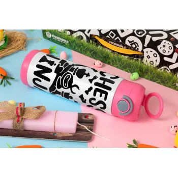 Chess ninja, Easter candle, Childrens hot water bottle, stainless steel, with safety straw, PINK (500ml)
