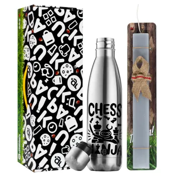 Chess ninja, Easter Set, metallic stainless thermos flask (500ml) & scented flat Easter candle (30cm) (GRAY)