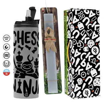 Chess ninja, Easter candle with Grey Tumbler Thermo 600ml & aromatic flat candle (30cm) (GREY)