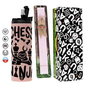 Chess ninja, Easter candle,Travel Tumbler 2 Lids, with metal straw & cleaning brush & aromatic flat candle (30cm) (PINK)