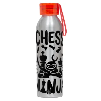 Chess ninja, Αλουμινένιο Αθλητικό Μπουκάλι 650ml – Ασημί με Κόκκινο Καπάκι και Λουράκι Σιλικόνης