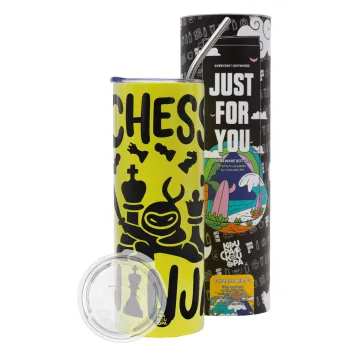 Chess ninja, Neon Yellow Travel Tumbler θερμό, μεταλλικό καλαμάκι(Ανωξείδωτο 304 Food grade, BPA free, 600ml)