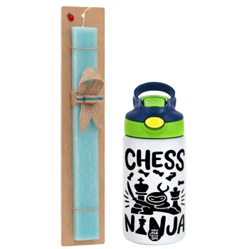Chess ninja, Easter Set, Children's thermal stainless steel bottle with safety straw, green/blue (350ml) & aromatic flat Easter candle (30cm) (TURQUOISE)