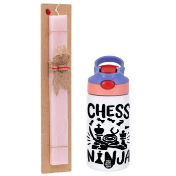 Chess ninja, Easter Set, Children's thermal stainless steel water bottle with safety straw, pink/purple (350ml) & Easter scented flat candle (30cm) (PINK)