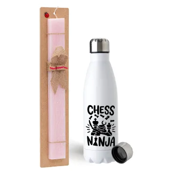 Chess ninja, Easter Set, metallic stainless steel water bottle (750ml) & scented flat Easter candle (30cm) (PINK)
