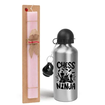 Chess ninja, Easter Set, metallic Silver aluminum water bottle (500ml) & scented flat Easter candle (30cm) (PINK)