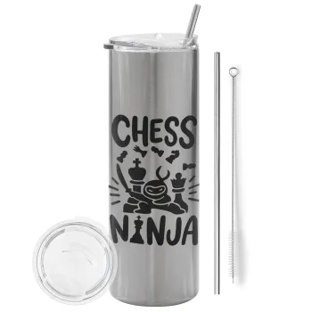 Chess ninja, Tumbler ποτήρι θερμό Ασημένιο από ανοξείδωτο ατσάλι 600ml, με μεταλλικό καλαμάκι & βούρτσα καθαρισμού