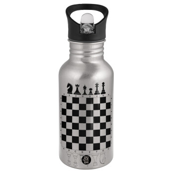 Chess, Water bottle Silver with straw, stainless steel 500ml