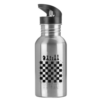 Chess, Water bottle Silver with straw, stainless steel 600ml