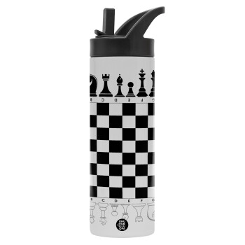 Chess, Metallic thermos bottle with straw & handle, stainless steel (Stainless steel 304), double-walled, 600ml.