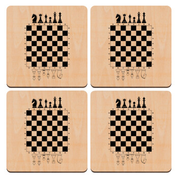 Chess, ΣΕΤ x4 Σουβέρ ξύλινα τετράγωνα plywood (9cm)