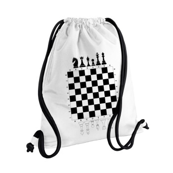 Σκάκι, Τσάντα πλάτης πουγκί GYMBAG λευκή, με τσέπη (40x48cm) & χονδρά κορδόνια