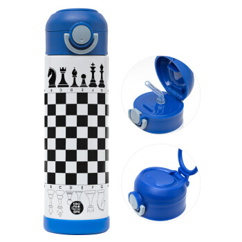 Chess, Children's hot water bottle, stainless steel, with safety straw, BLUE (500ml)