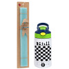 Easter Set, Children's thermal stainless steel bottle with safety straw, green/blue (350ml) & aromatic flat Easter candle (30cm) (TURQUOISE)
