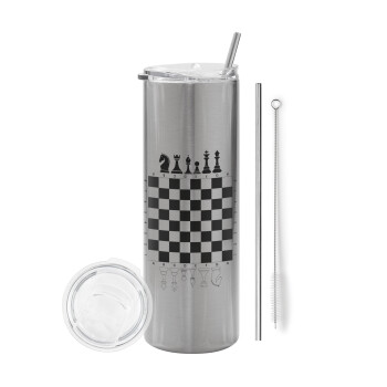 Chess, Eco friendly stainless steel Silver tumbler 600ml, with metal straw & cleaning brush