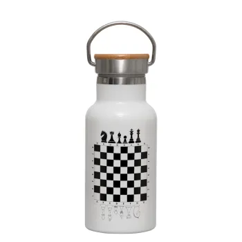 Chess, Metallic thermos (Stainless steel) White with wooden lid (bamboo), double-walled, 350ml