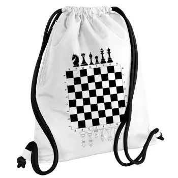 Chess, Backpack pouch GYMBAG white, with pocket (40x48cm) & thick cords