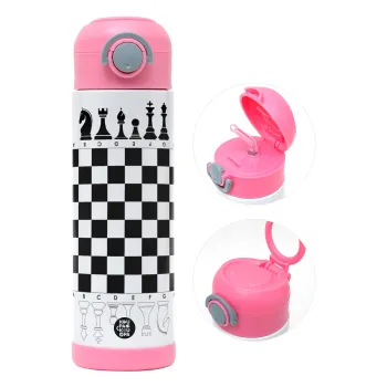 Chess, Children's hot water bottle, stainless steel, with safety straw, PINK (500ml)