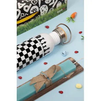 Chess, Easter Set, metallic silver aluminum water bottle (500ml) & scented flat Easter candle (30cm) (TURQUOISE)